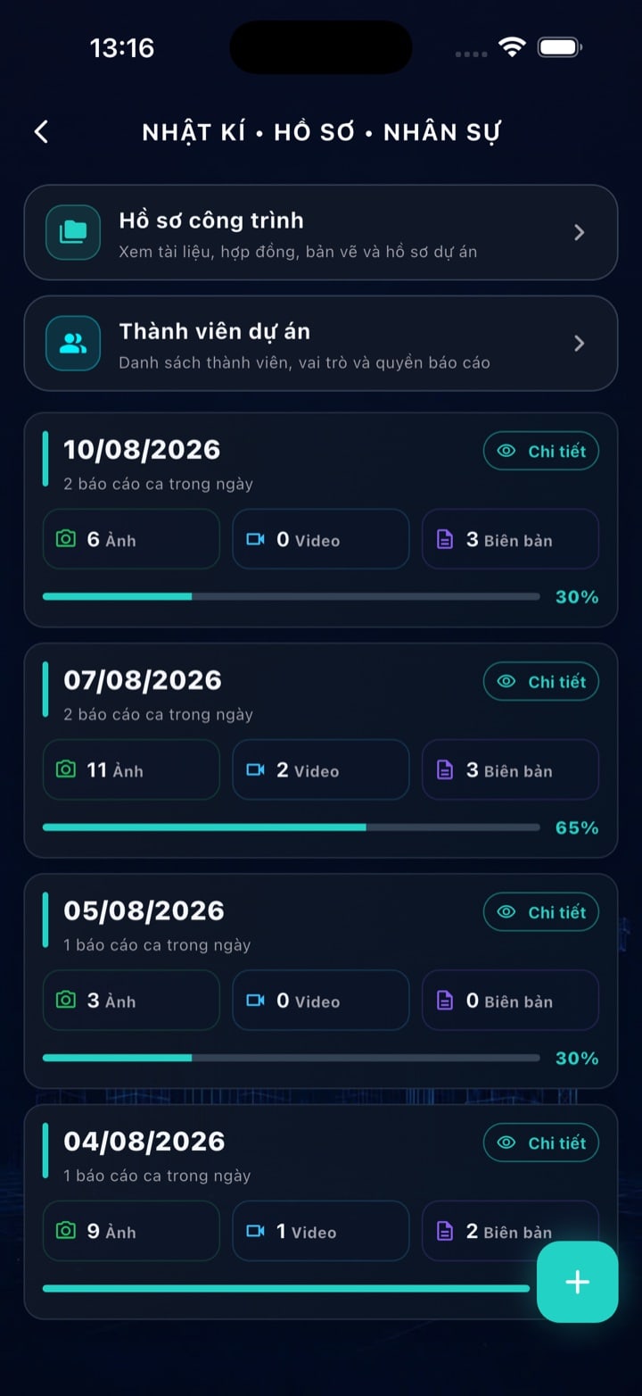 Màn hình nhật ký và tài liệu công trình trong ứng dụng BuildLink AI