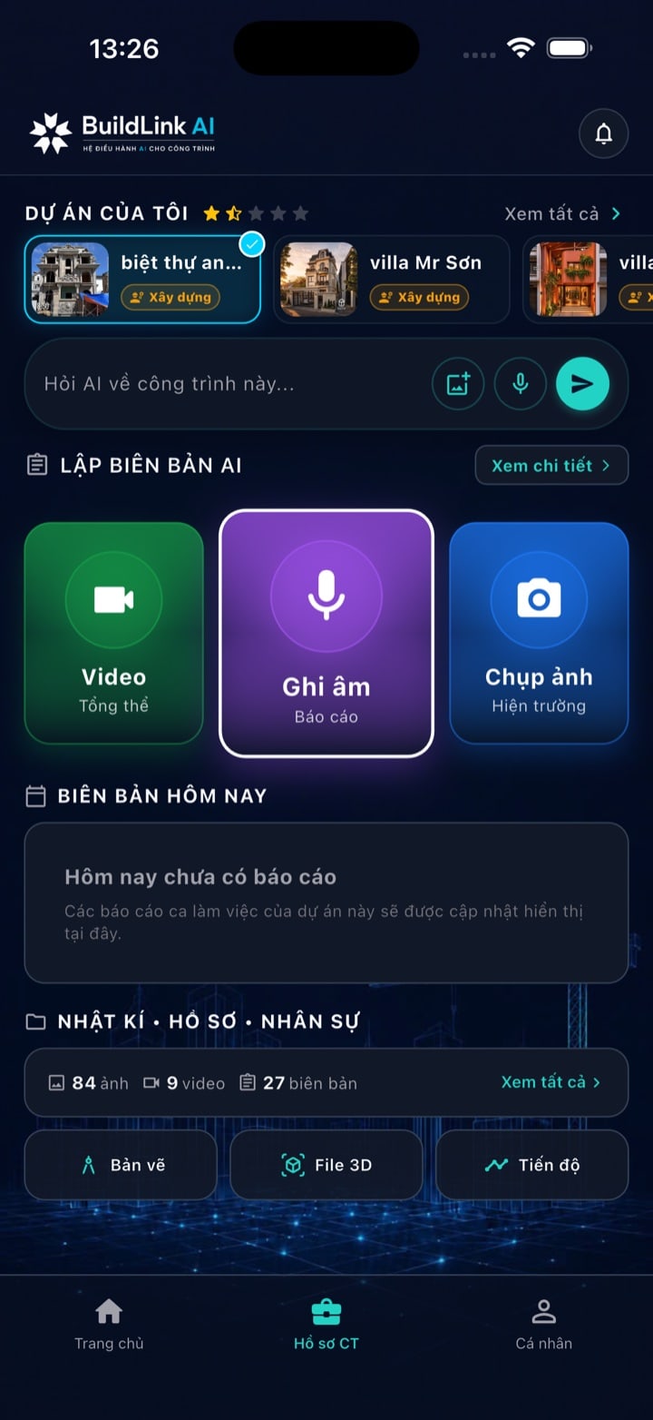 Màn hình tổng quan dự án và trợ lý AI trong ứng dụng BuildLink AI