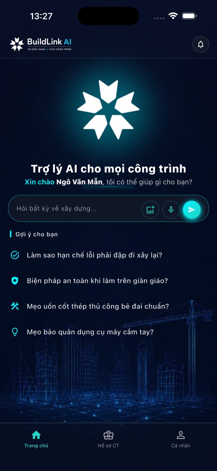 Màn hình tổng quan dự án và trợ lý AI trong ứng dụng BuildLink AI