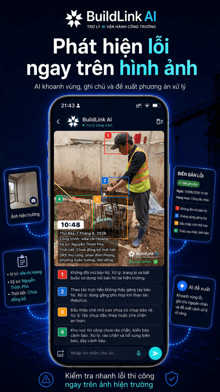 Màn hình BuildLink AI khoanh vùng các dấu hiệu cần kỹ sư xem xét trên ảnh hiện trường